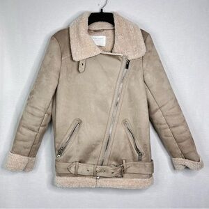 Zara Women’s XS Tan Beige Faux Leather Shearling Biker Moto Jacket